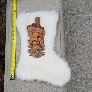 White Rabbit Fur Christmas Stocking with Wooden Santa Accent